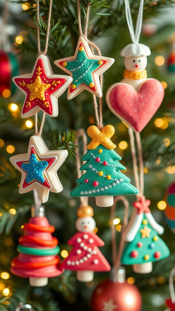 Colorful homemade Christmas ornaments hanging on a decorated tree.